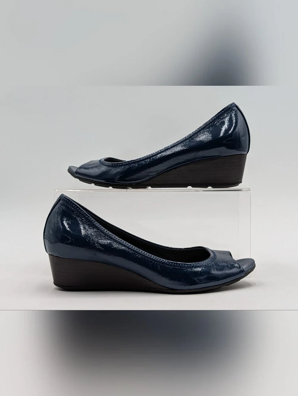 Cole Haan Size 6–6.5 Air Tali Patent Peep Toe Wedge Navy Blue Nike Air Comfort